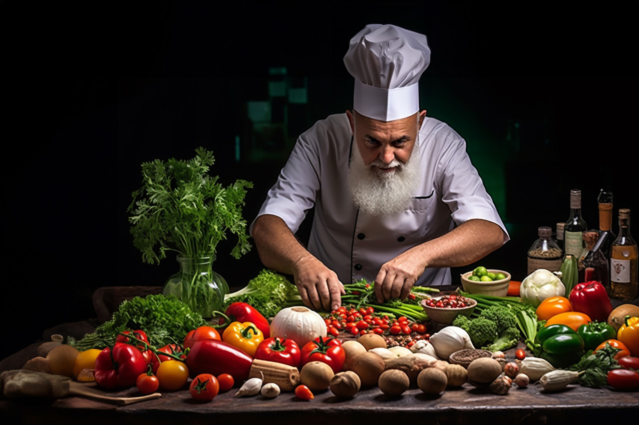 Expert chef expertly cuts vegetables into thin strips