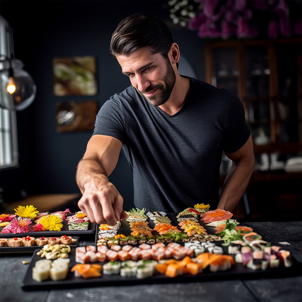 Skilled sushi chef expertly arranges sushi on a slate plate