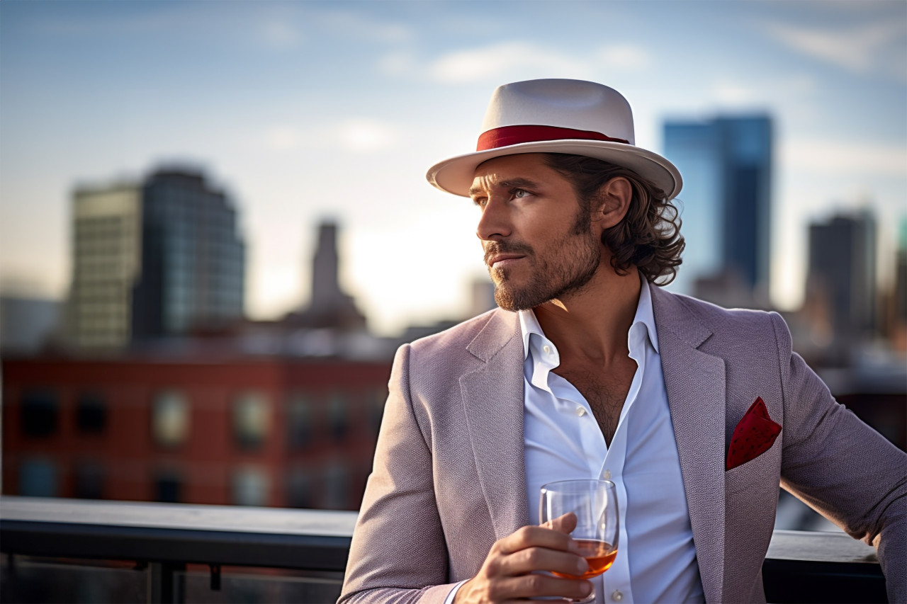 Stylish man enjoys drinks at a rooftop lounge