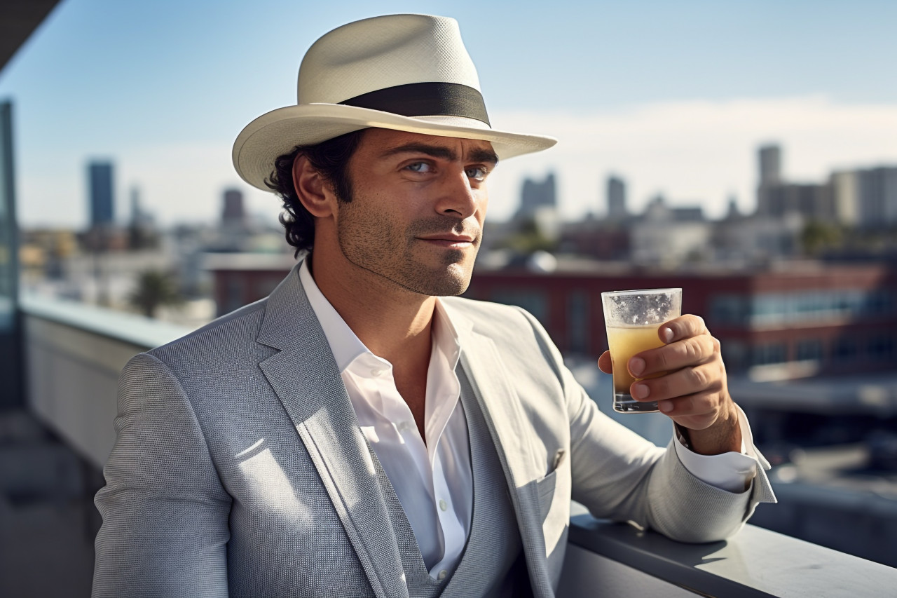 Stylish man enjoying drinks at a rooftop lounge