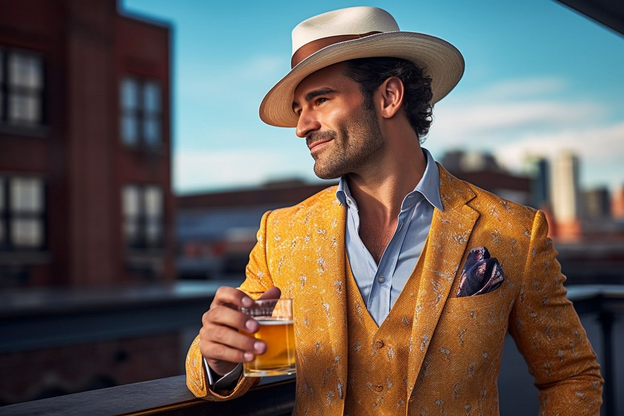 Stylish man enjoying drinks at a rooftop lounge