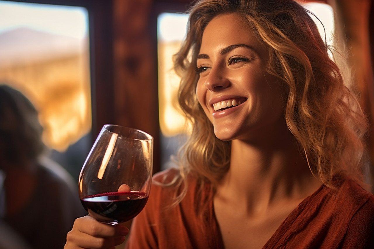 Happy woman savors delightful wine flavors at a tasting event