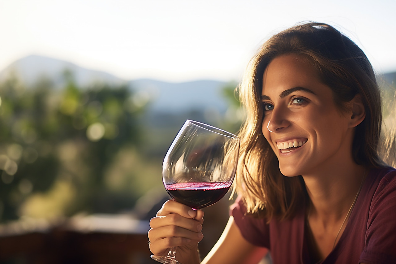 Happy woman savors delightful wine flavors at a tasting event