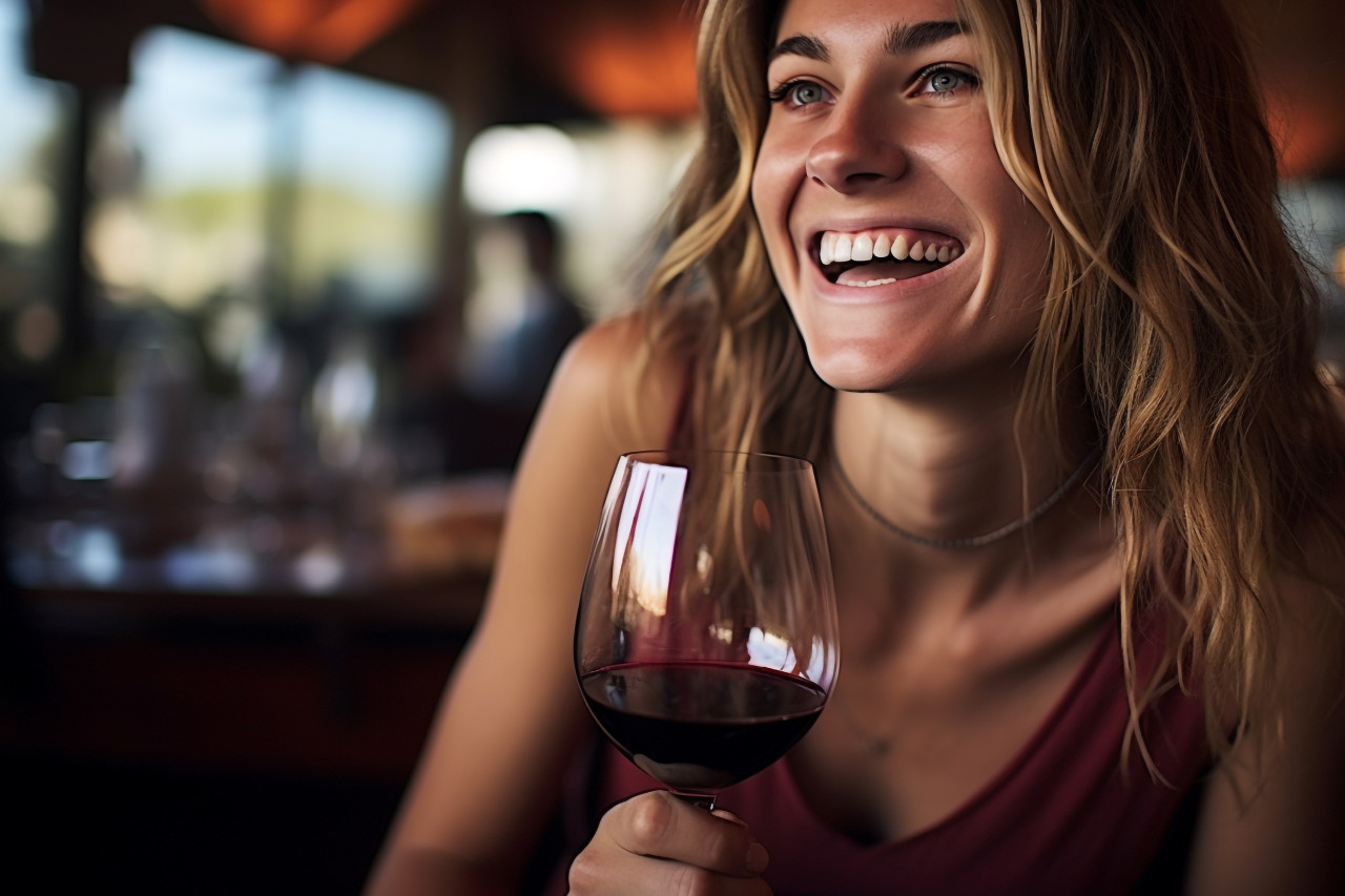 Happy woman savors delightful wine flavors at a tasting event
