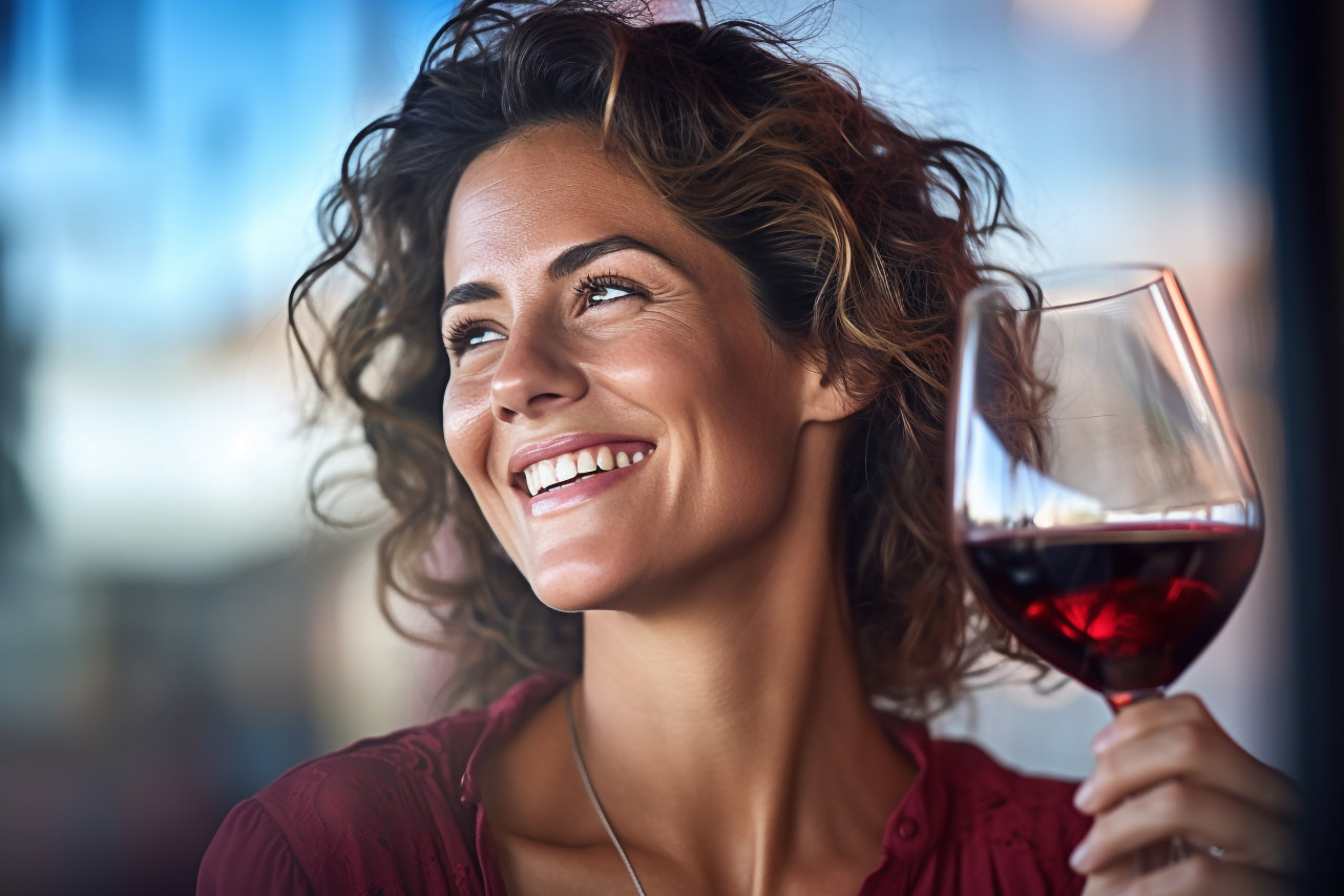 Happy woman savors delightful wine flavors at a tasting event