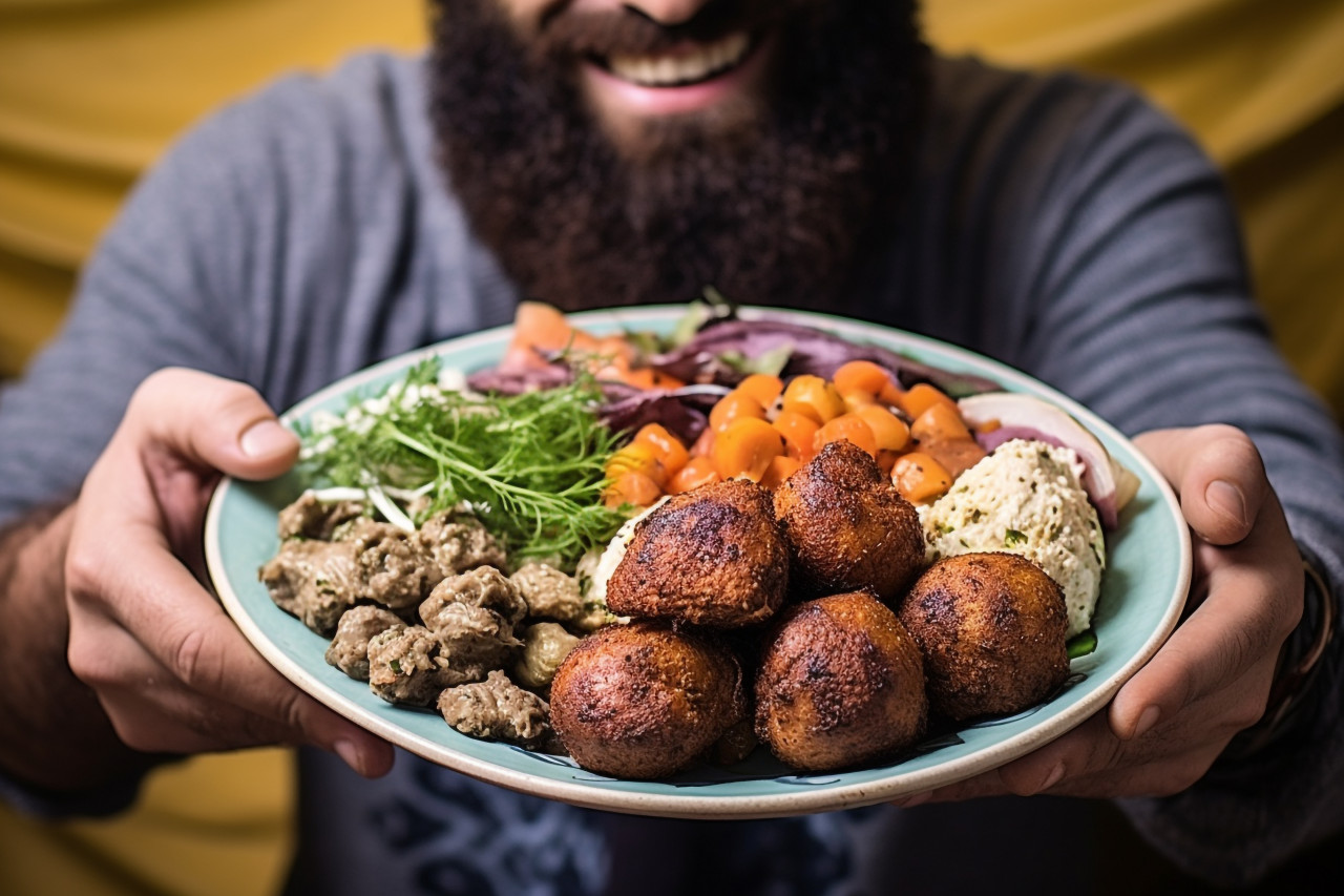 Stylish man enjoys delicious middle eastern falafel