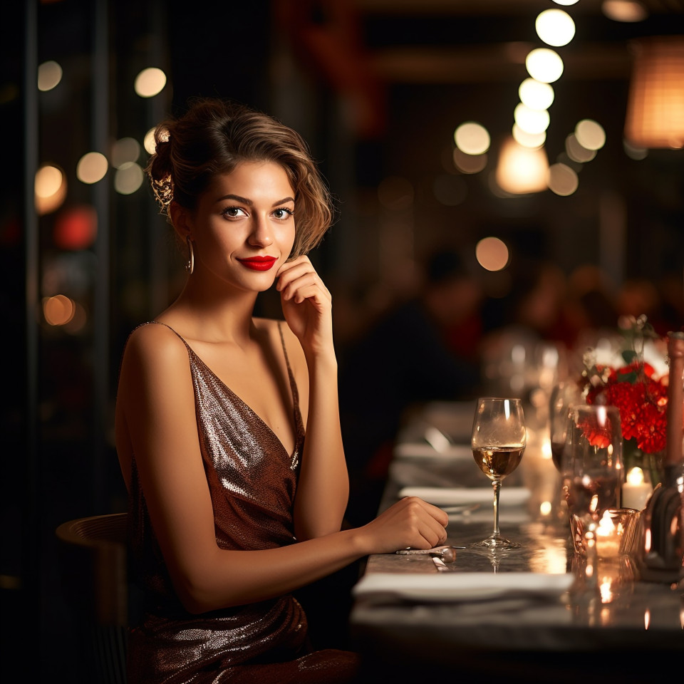 Elegant woman enjoys upscale dining in a stylish dress