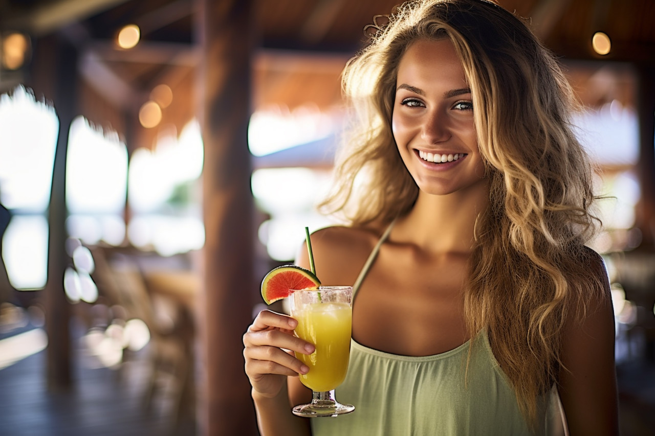 Elegant woman enjoying a refreshing cocktail at a seaside bar