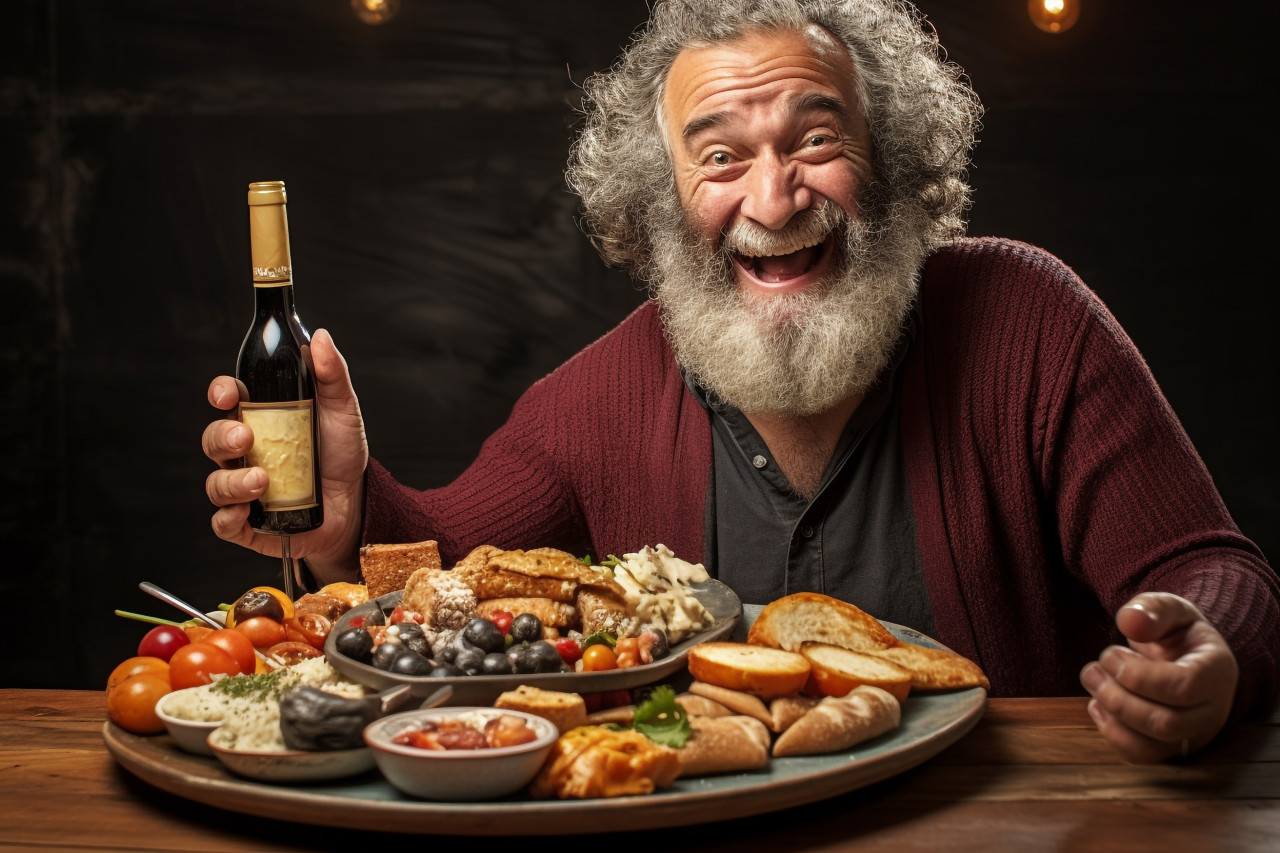Smiling man savoring a delicious spanish tapas platter