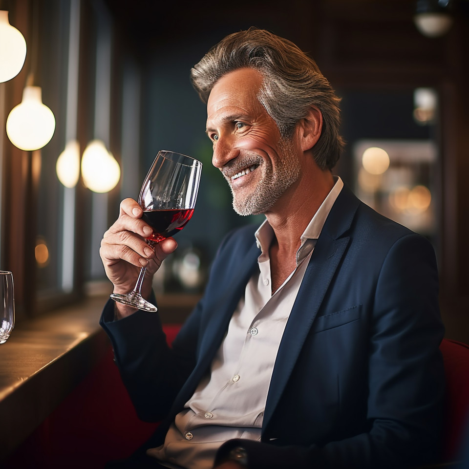 Elegant man savoring wine at an upscale eatery