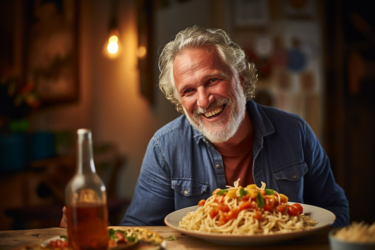 Attractive man savoring delicious pasta
