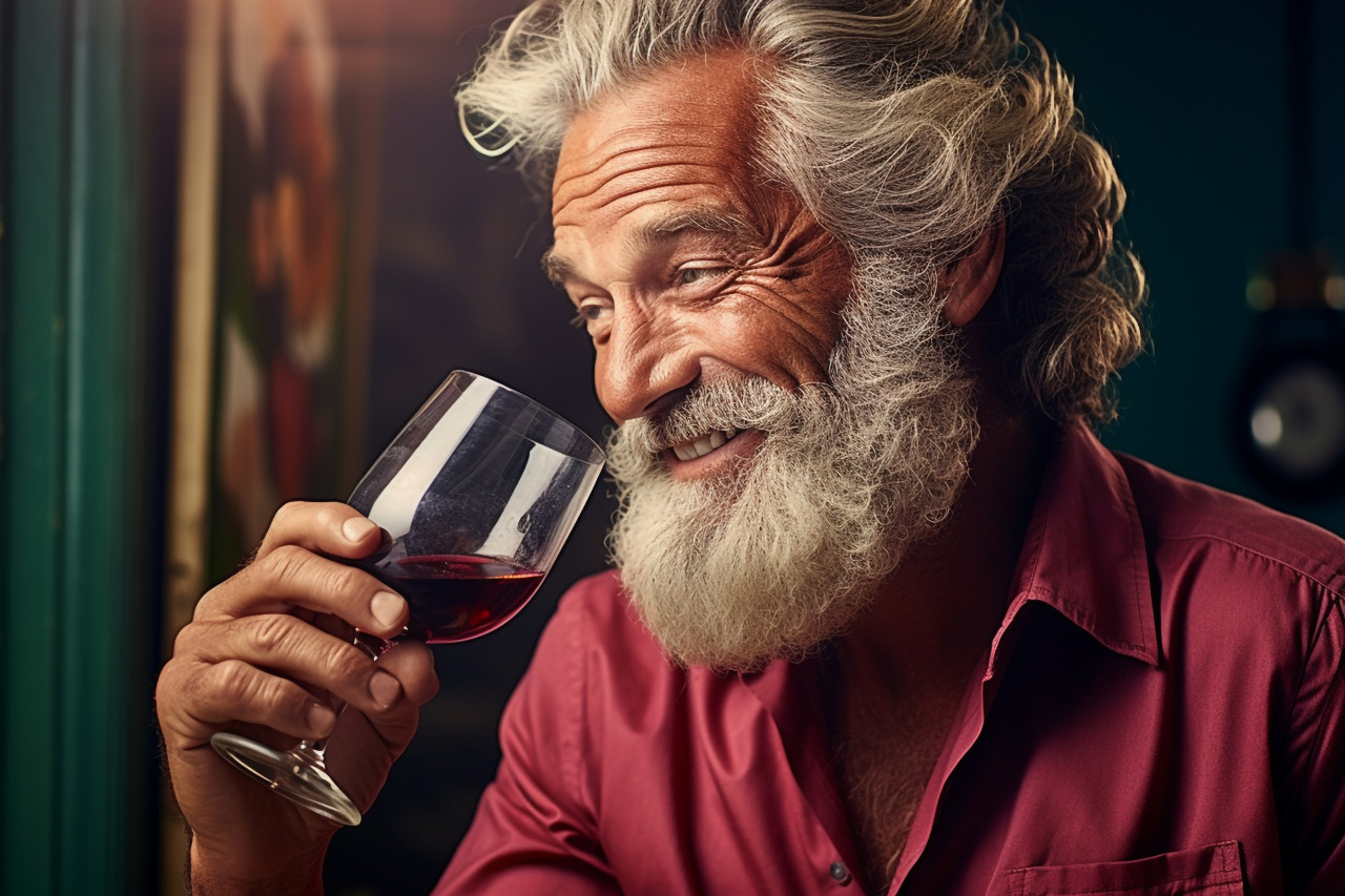 Elegant man celebrating with a glass of red wine