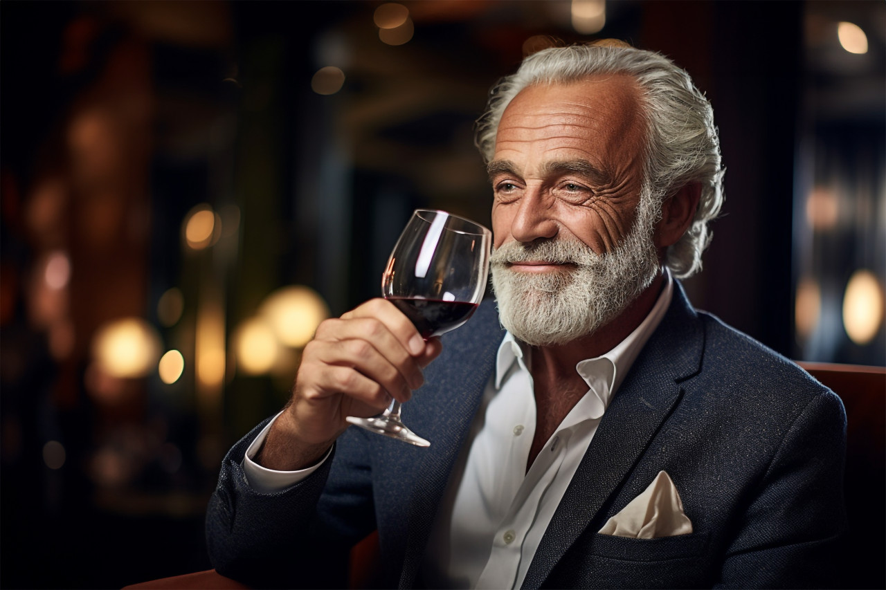 Elegant man savors wine at an upscale eatery