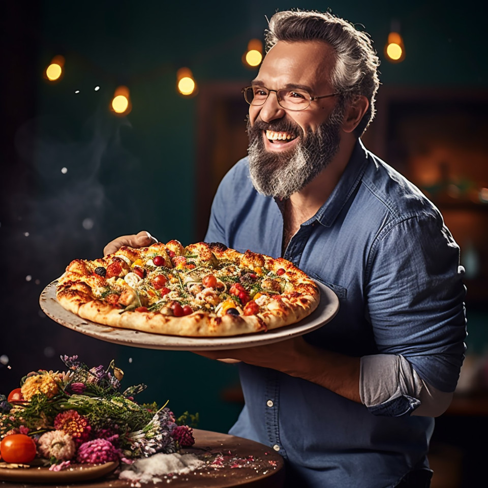 Happy guy savoring a delicious homemade italian pizza