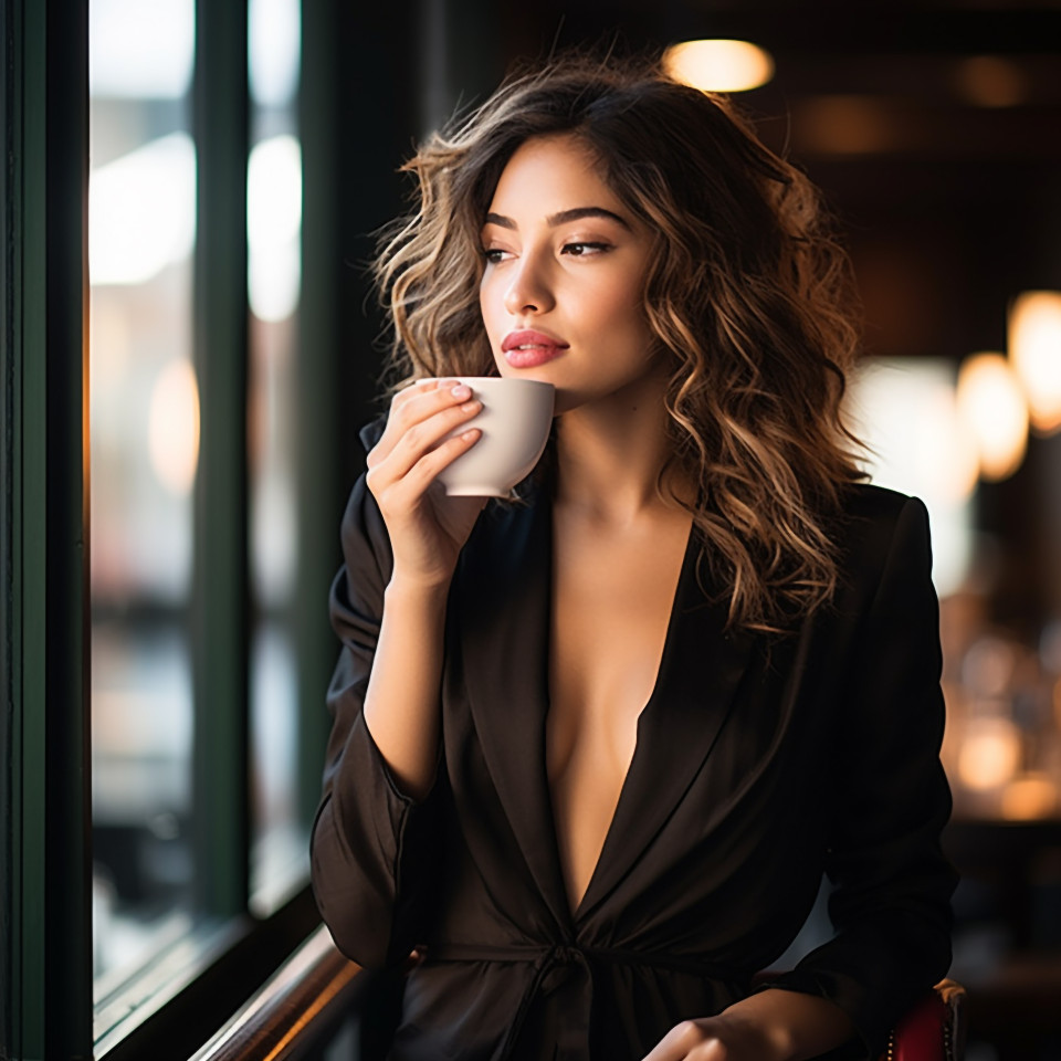 Elegant woman savoring espresso at an upscale cafe