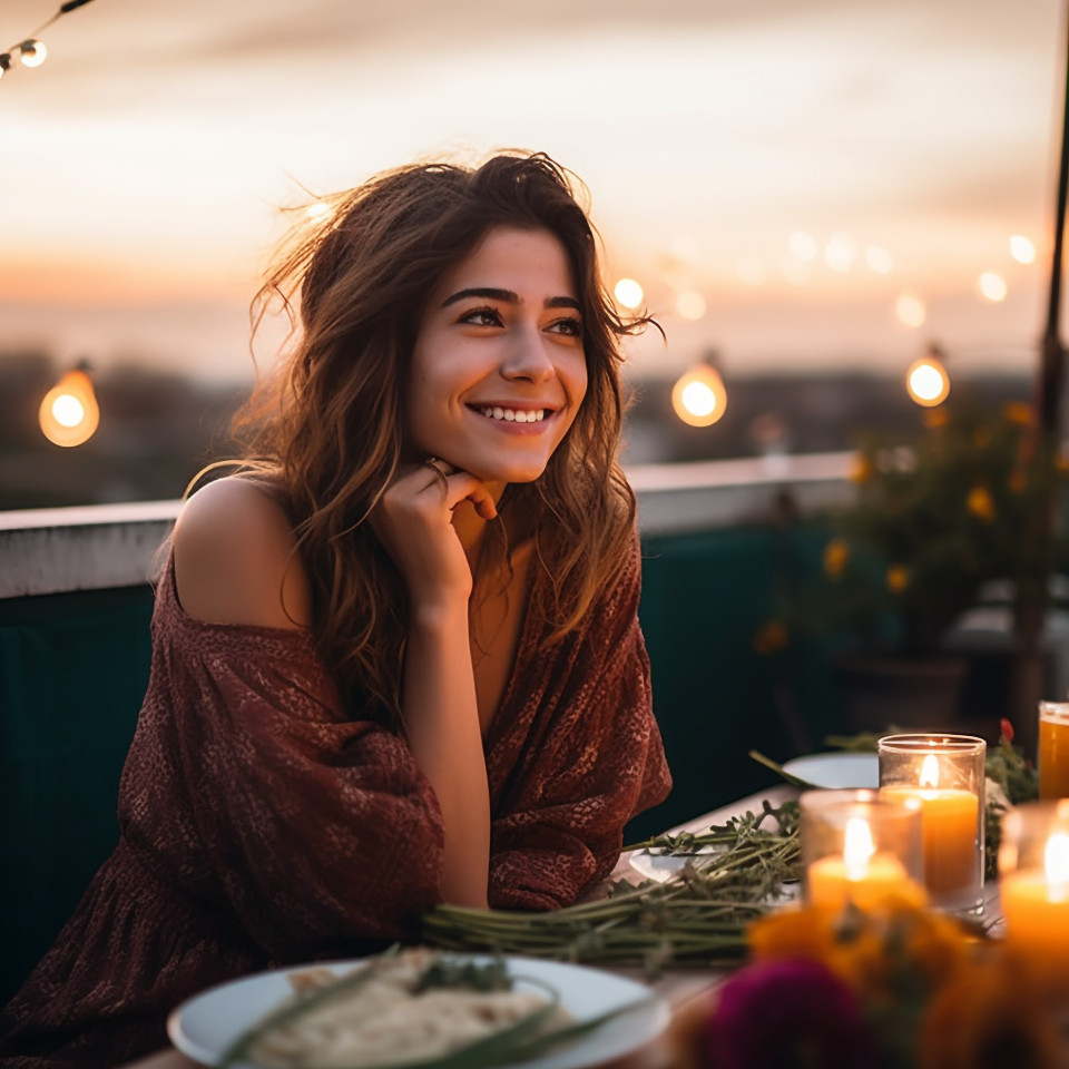 Smiling woman savors a romantic meal at a rooftop eatery