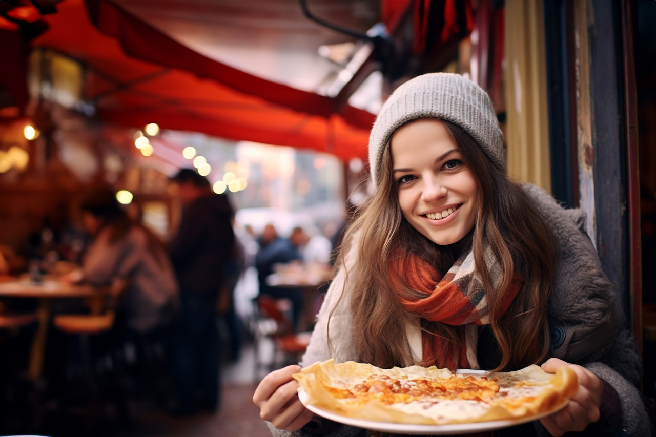 Elegant lady relishing a parisian crepe at an outdoor bistro