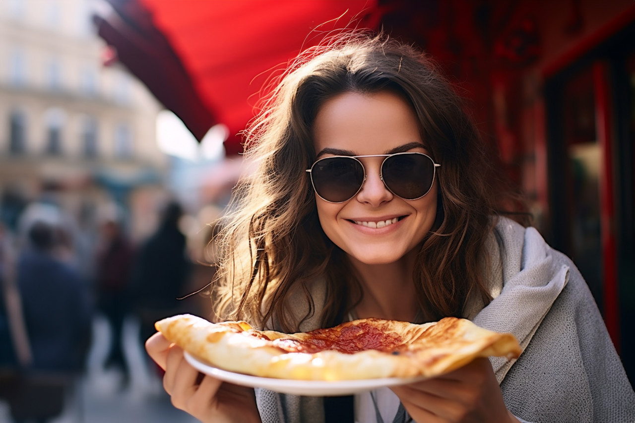 Elegant lady relishing a parisian crepe at an outdoor bistro