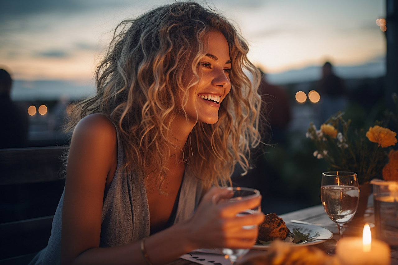 Smiling woman savors a cozy meal at a rooftop eatery