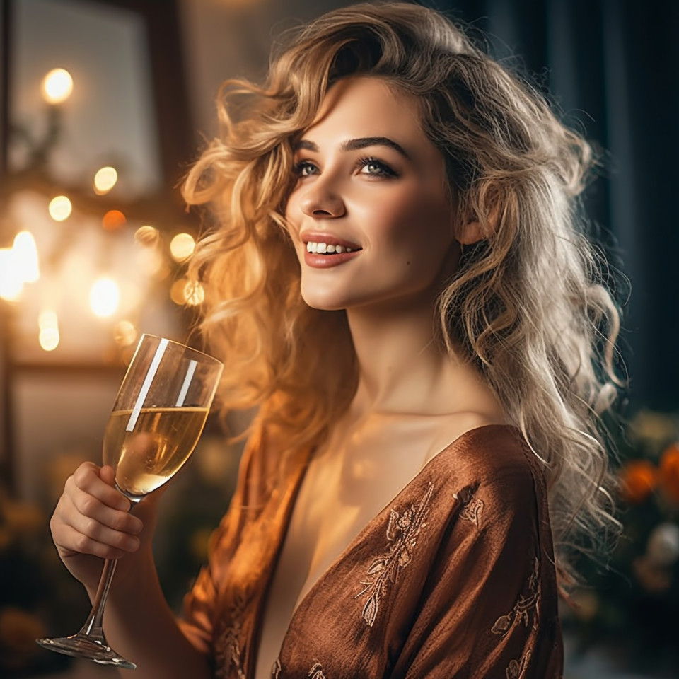 Elegant woman celebrating new years eve with a champagne toast