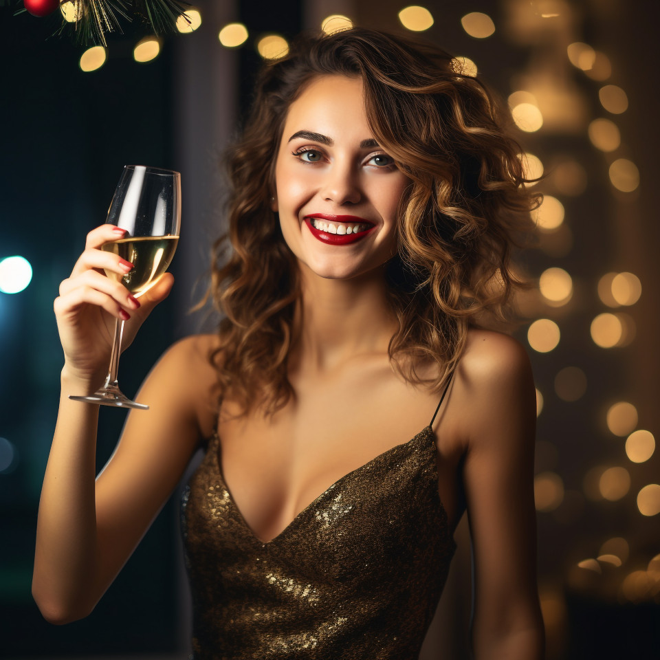 Elegant woman celebrating new years eve with a champagne toast