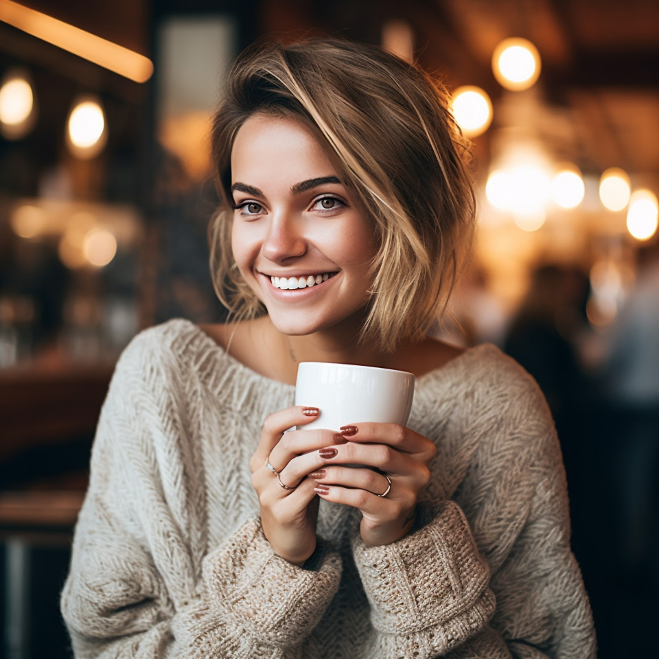 Elegant woman savors a cappuccino in a charming european cafe