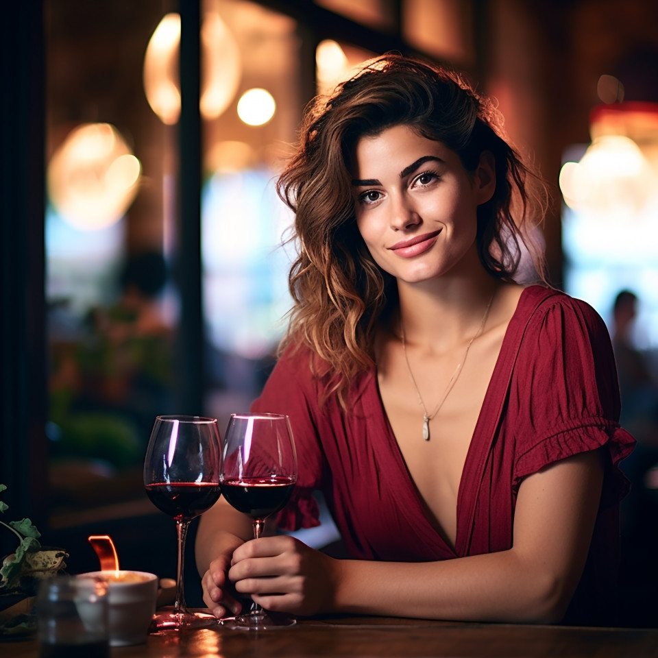 Charming woman enjoying a glass of red wine at a cozy italian restaurant