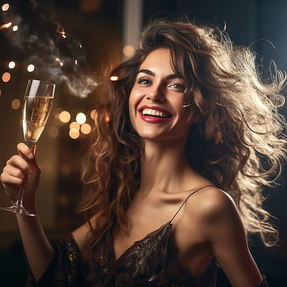 Elegant woman celebrating new years eve with a champagne toast
