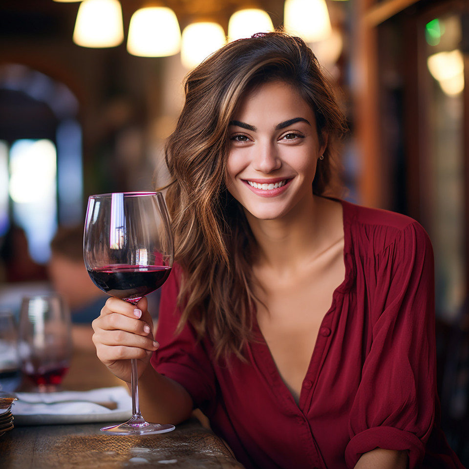 Charming woman enjoying a glass of red wine at a cozy italian restaurant