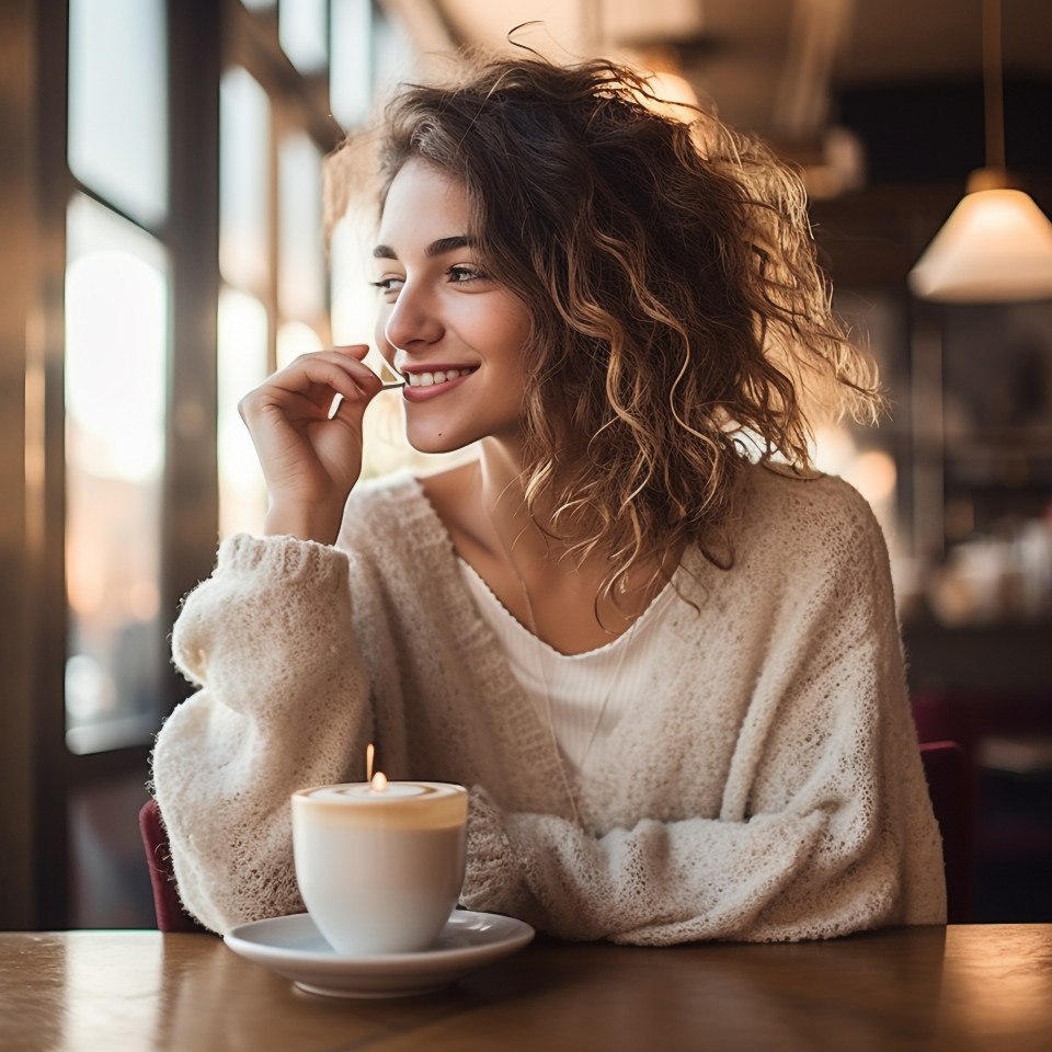 Elegant woman savors a cappuccino in a charming european cafe