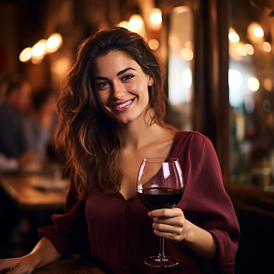 Charming woman enjoying a glass of red wine at a cozy italian restaurant