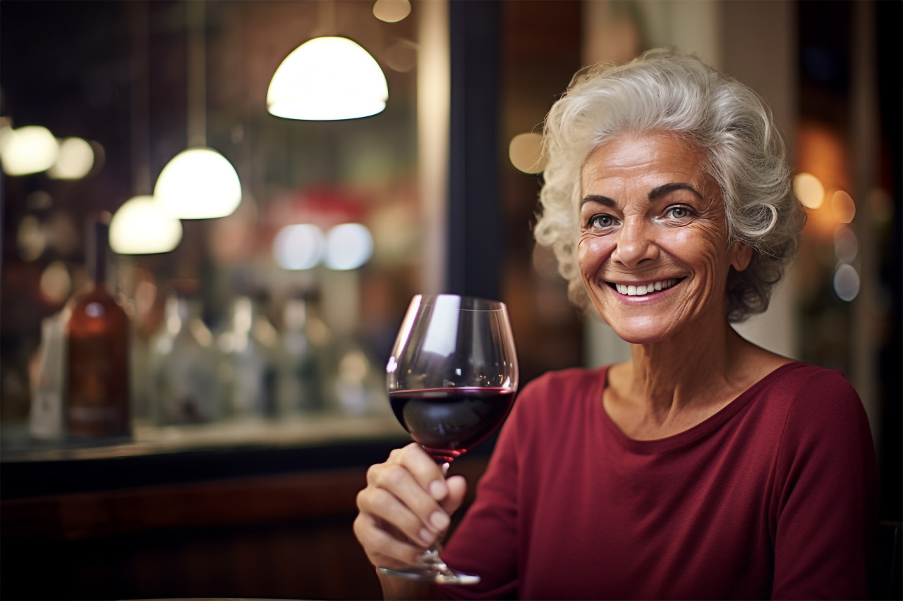 Elegant woman savoring red wine at an italian restaurant