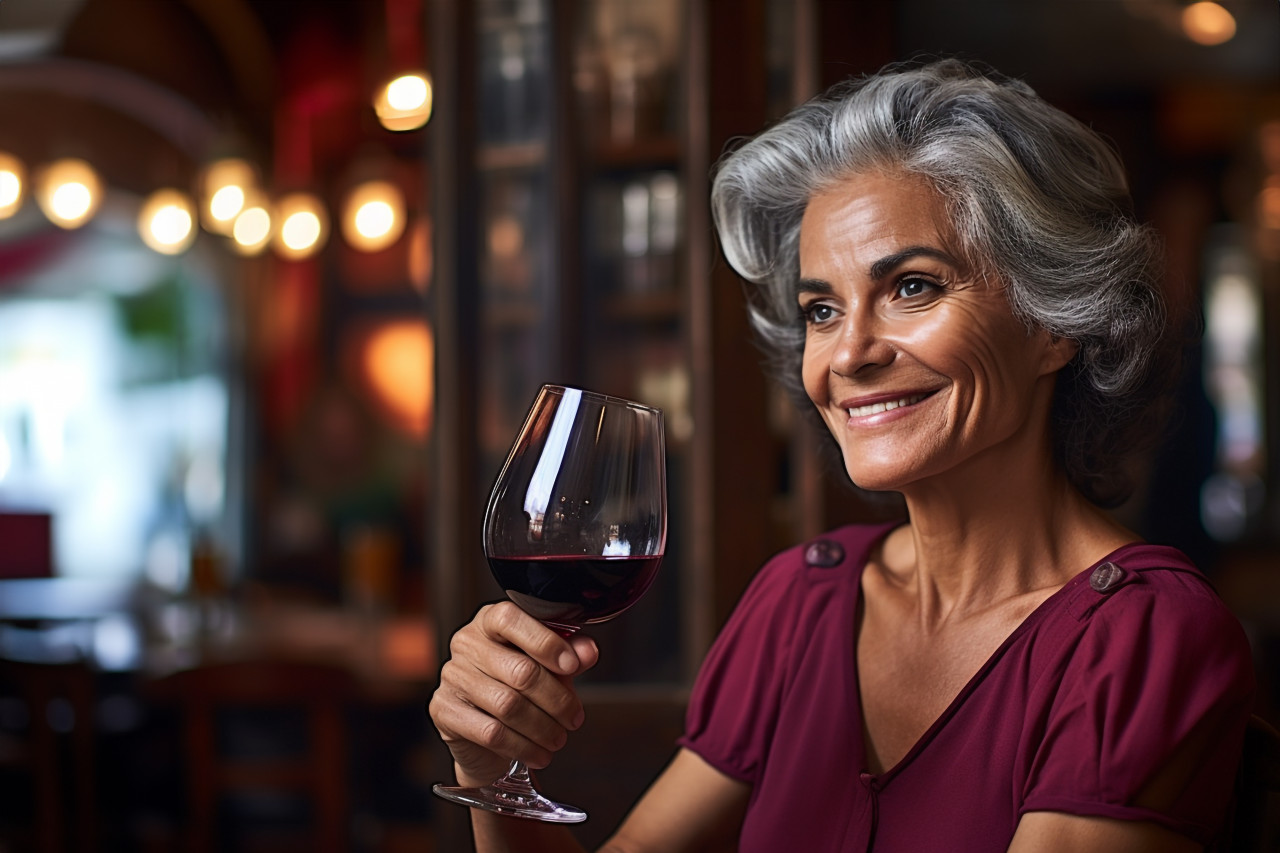 Elegant woman savoring red wine at an italian restaurant