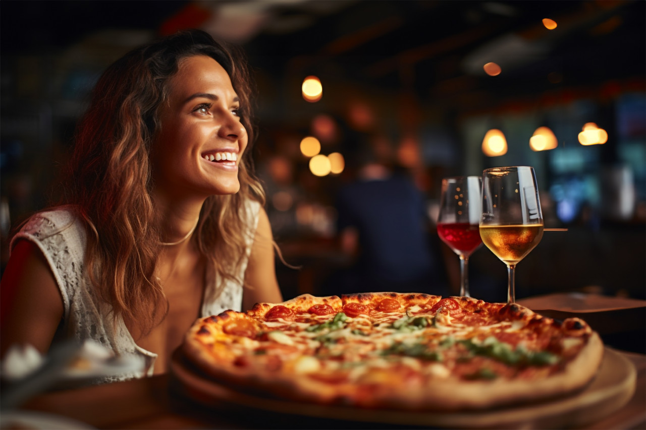 Elegant woman savoring a delicious pizza slice at a pizza restaurant