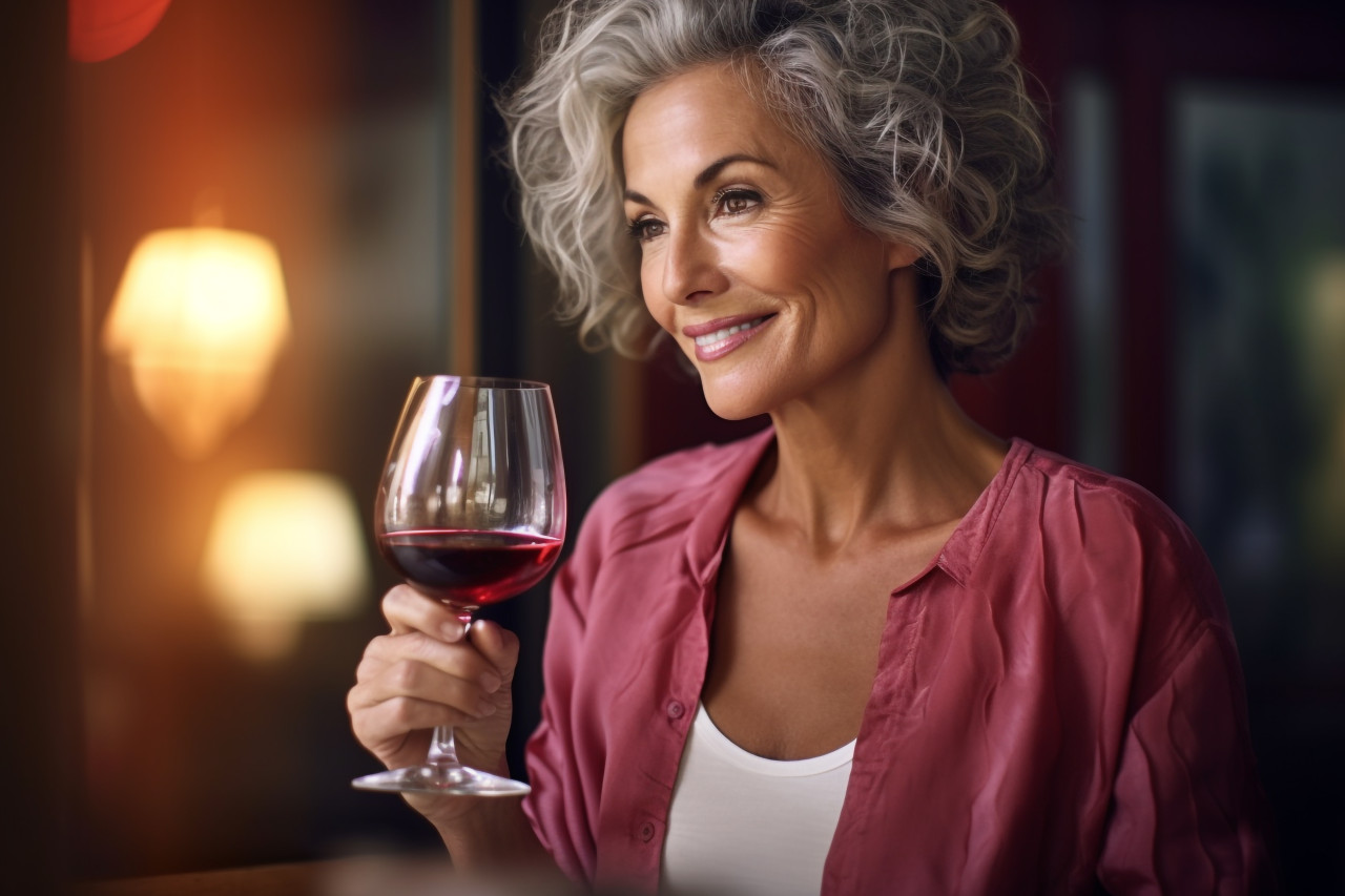 Smiling woman enjoying a glass of wine in a charming bistro