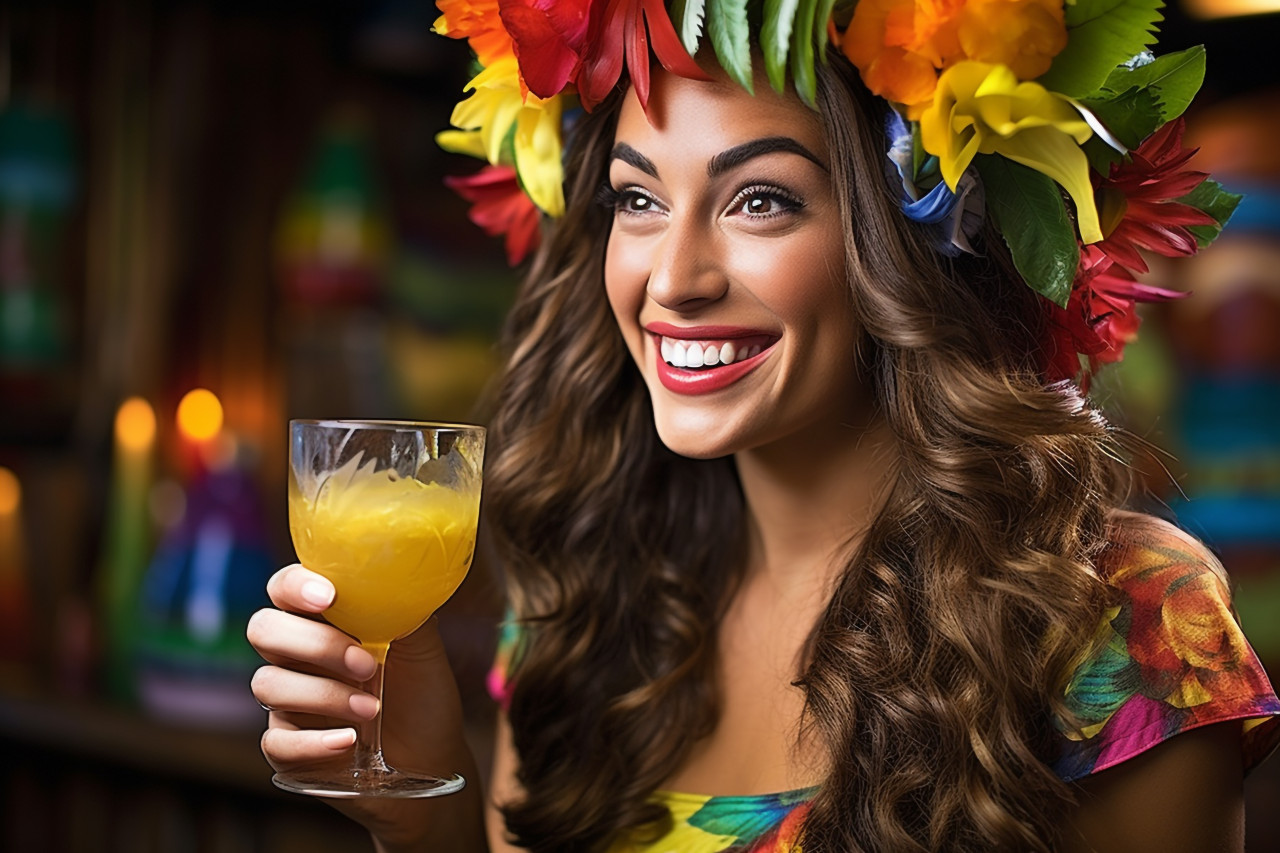 Elegant lady raises a fruity cocktail in a tropical themed bar