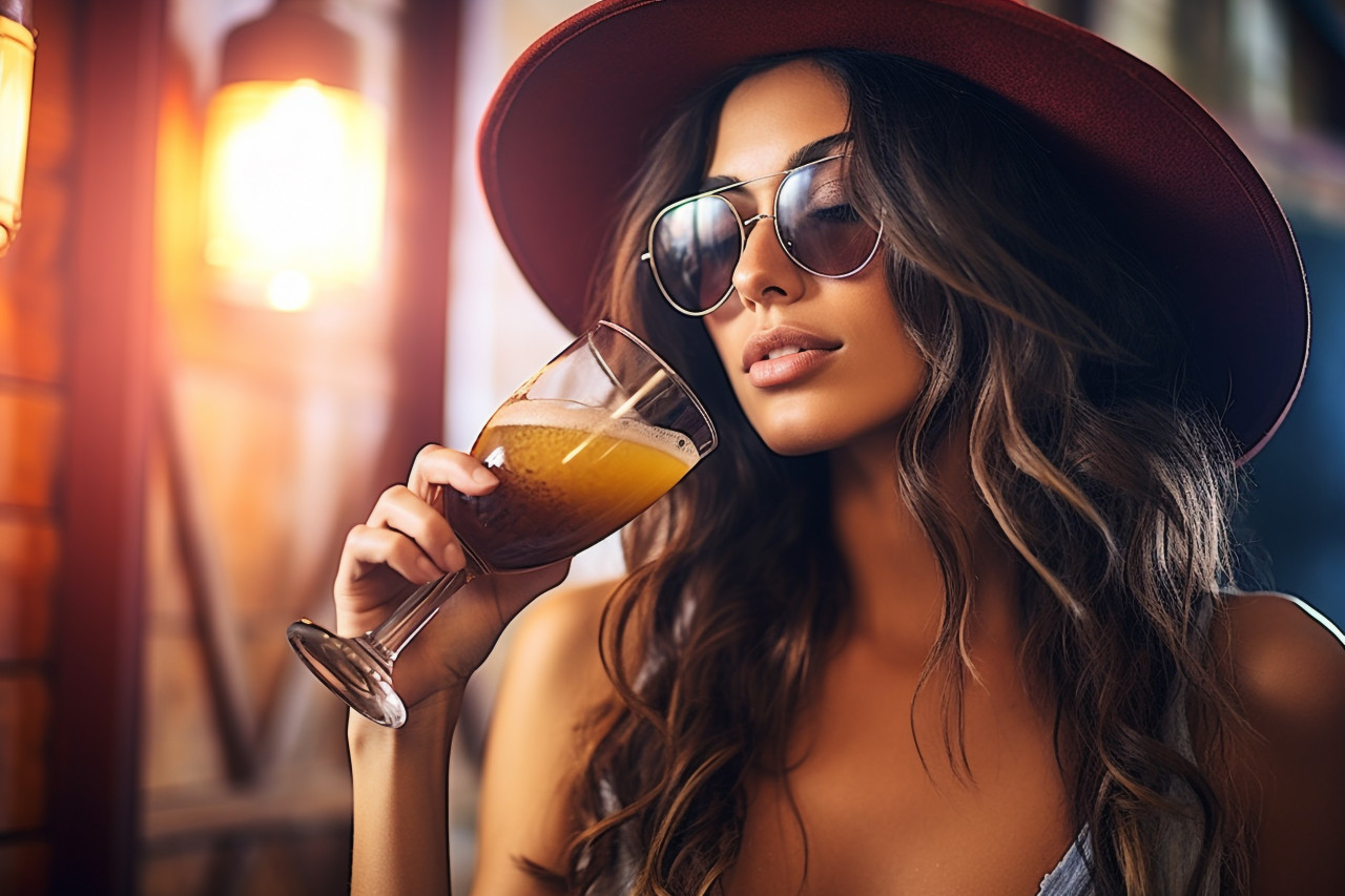 Stylish woman enjoys craft beer at a popular brewery