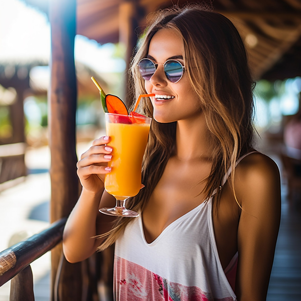Serene woman enjoys a refreshing tropical smoothie in an idyllic setting