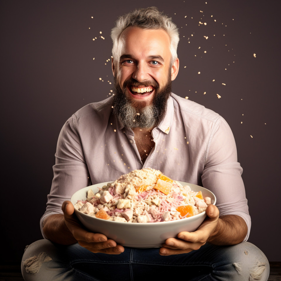 Smiling man enjoys a delicious risotto meal