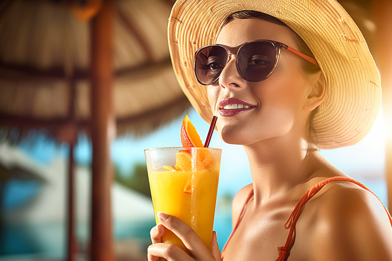 Woman enjoys a refreshing tropical fruit smoothie on an idyllic beach