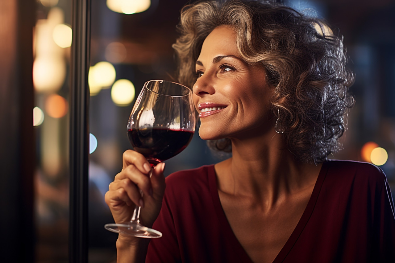 Elegant lady savoring wine at a stylish restaurant