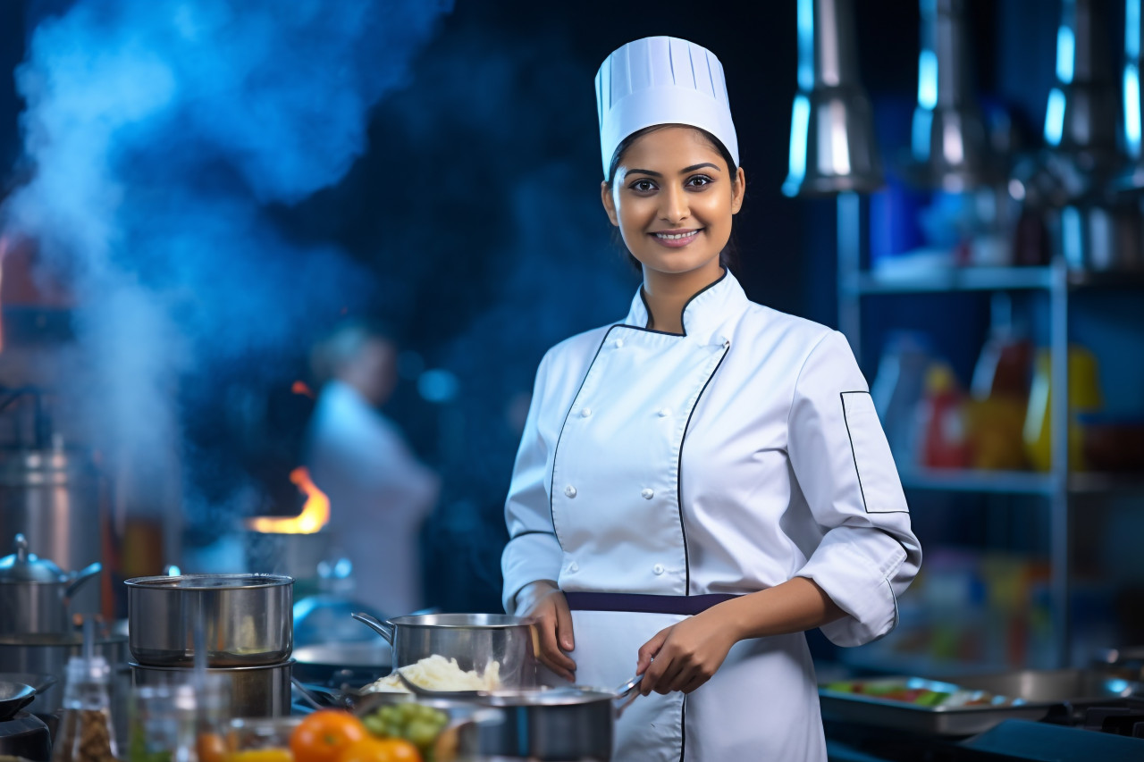 Skilled indian female chef preparing food in a kitchen on blured background