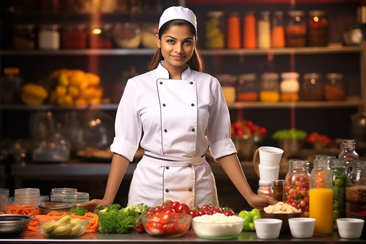 Skilled indian female chef preparing food in a kitchen on blured background