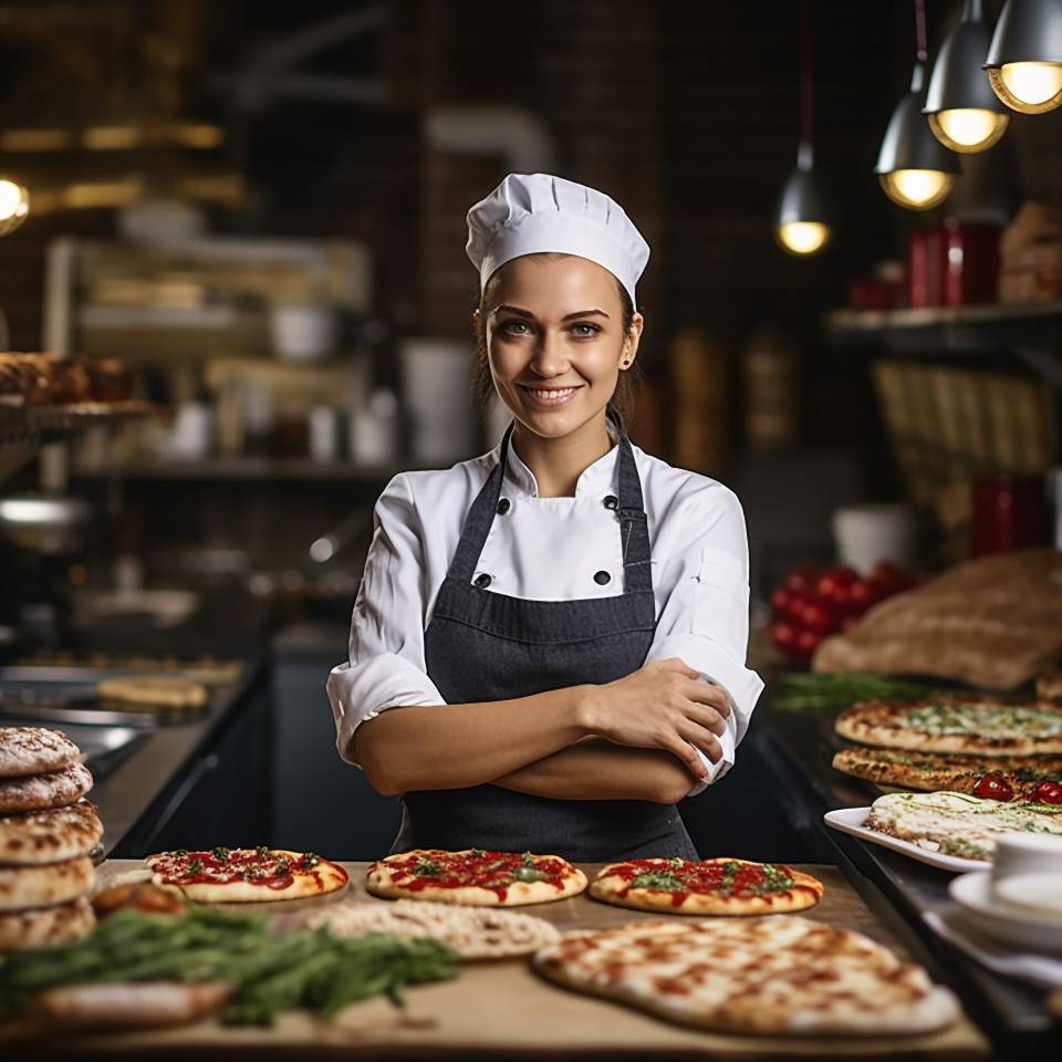Skilled female pizza chef preparing delicious pizza in a kitchen on blured background