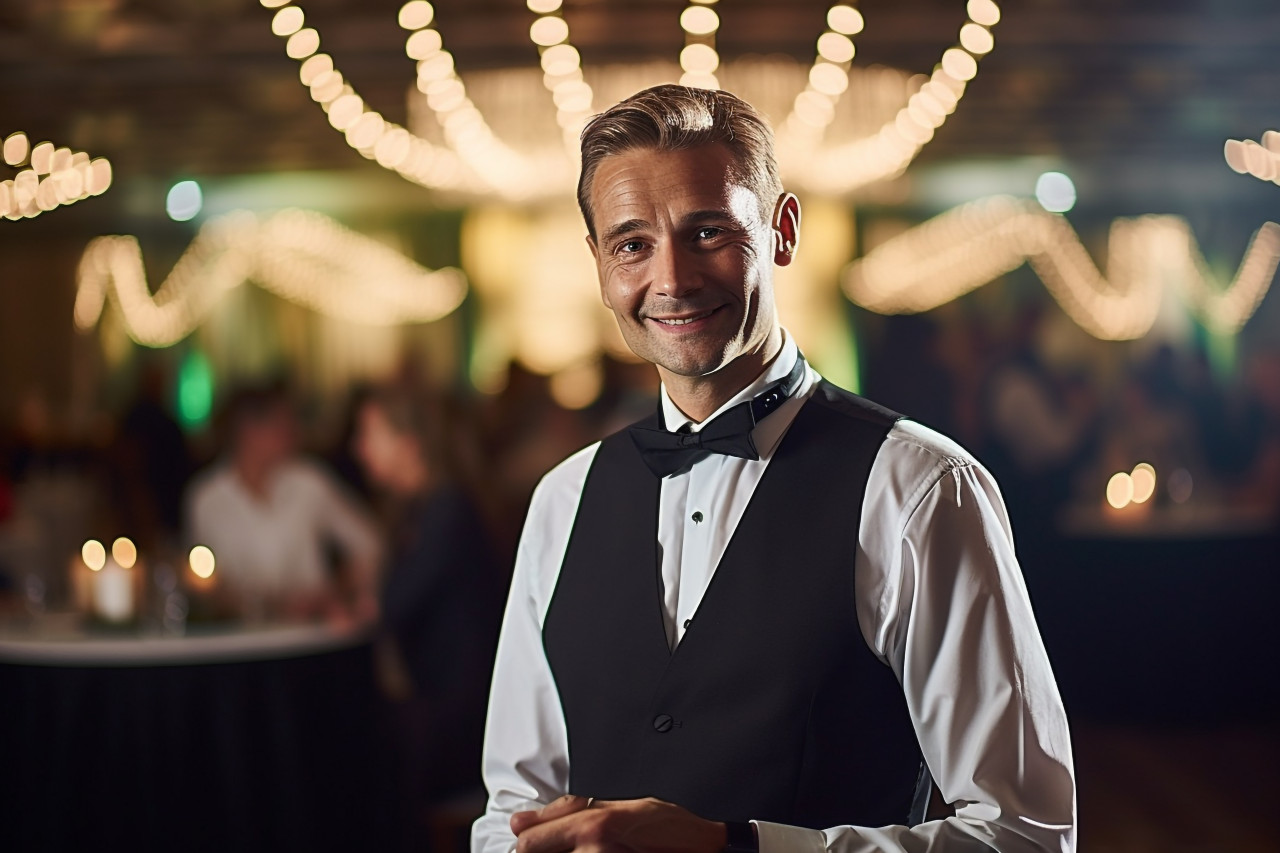 Astute event manager directs a seamless banquet on blured background