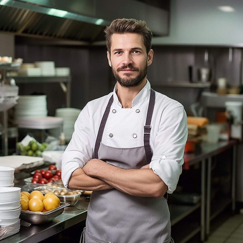 Skilled kitchen manager overseeing operations with a blurred background