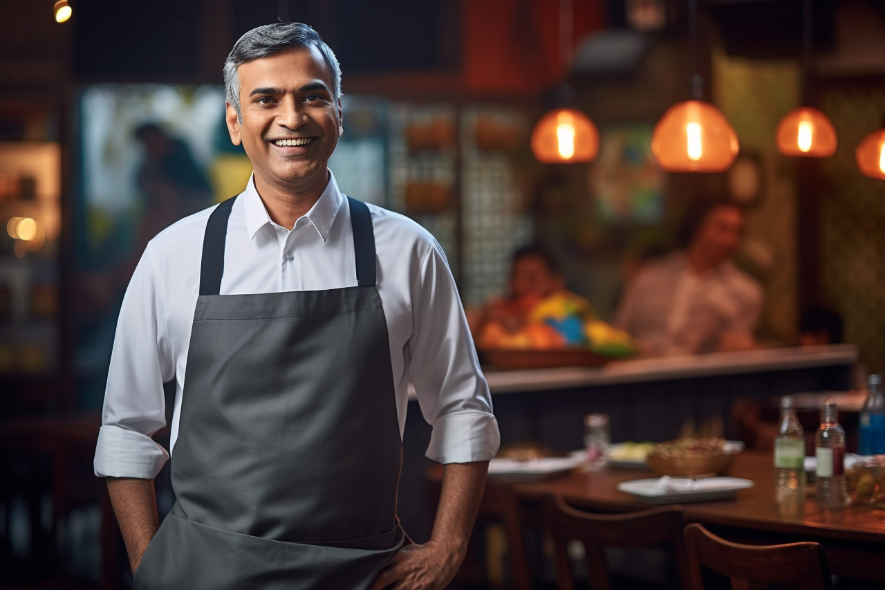Dedicated indian restaurant manager working diligently on blured background