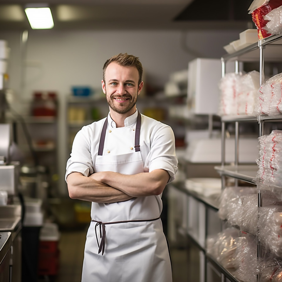 Skilled kitchen manager overseeing operations with a blurred background