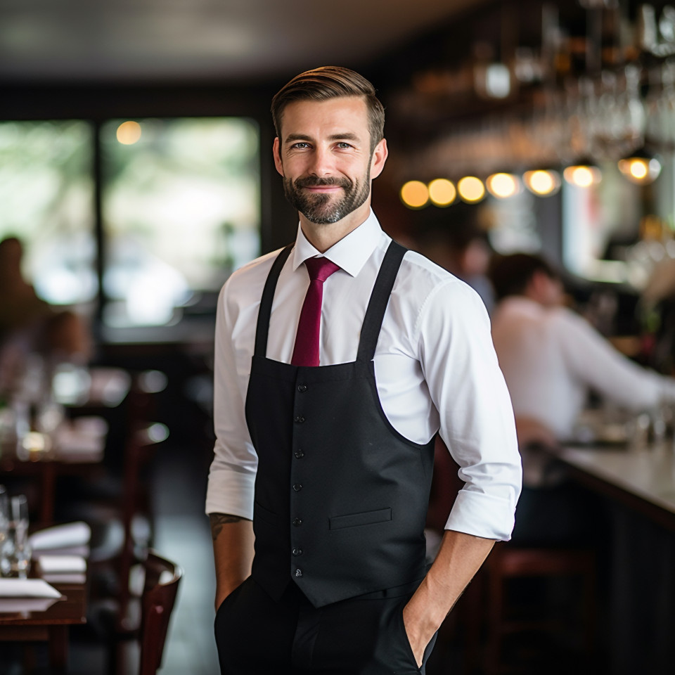 Assured restaurant manager overseeing operations in a bustling environment  a blurred background