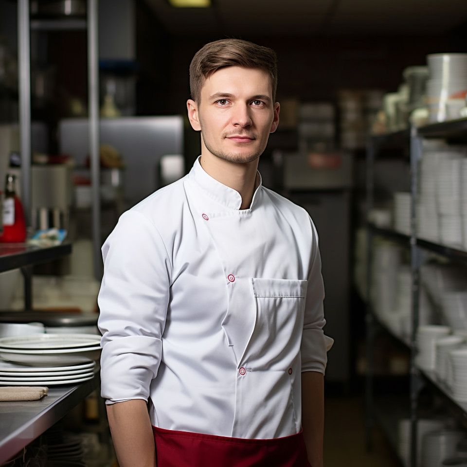 Skilled kitchen manager overseeing operations with a blurred background